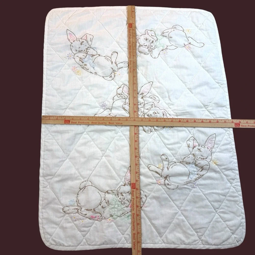 Vintage Baby Quilt Sleeping Bunnies Embroidered Crib Blanket Nursery 25x 32 1/2